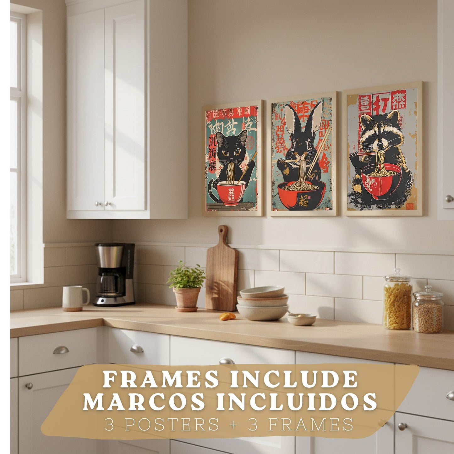 Set de 3 Láminas Animales Ramen Japonés Cuadros Cocina Gato Mapache y Conejo Comiendo Noodles Póster Decoración Pared