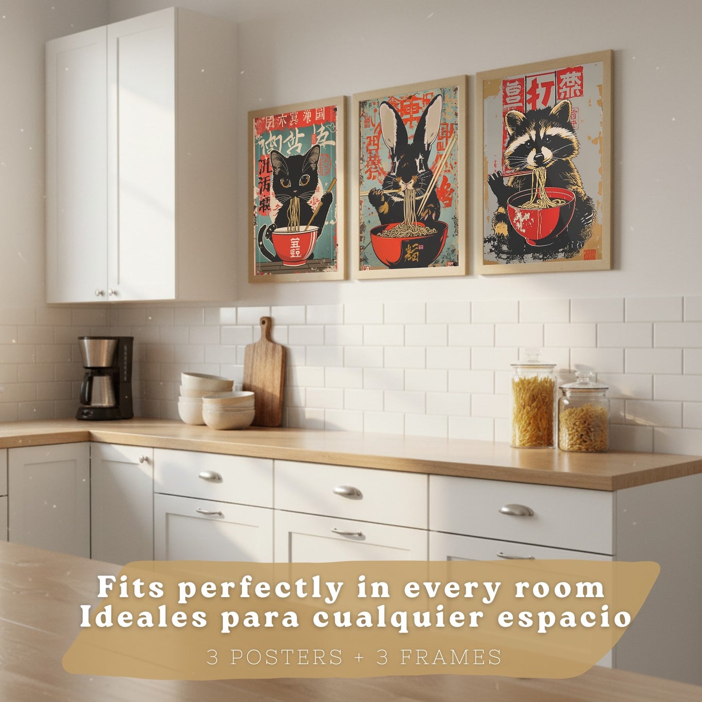 Set de 3 Láminas Animales Ramen Japonés Cuadros Cocina Gato Mapache y Conejo Comiendo Noodles Póster Decoración Pared