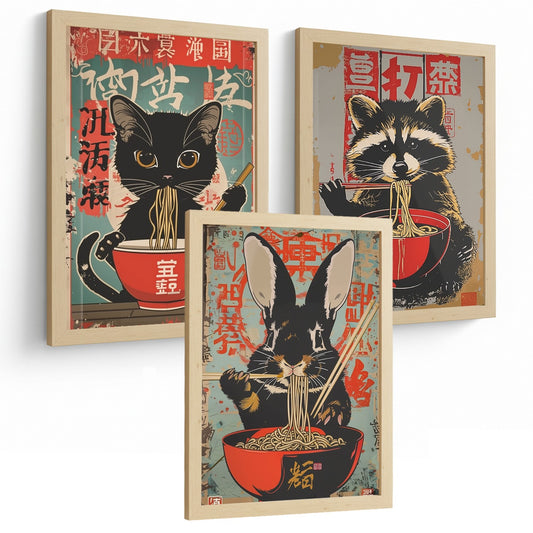 Set de 3 Láminas Animales Ramen Japonés Cuadros Cocina Gato Mapache y Conejo Comiendo Noodles Póster Decoración Pared