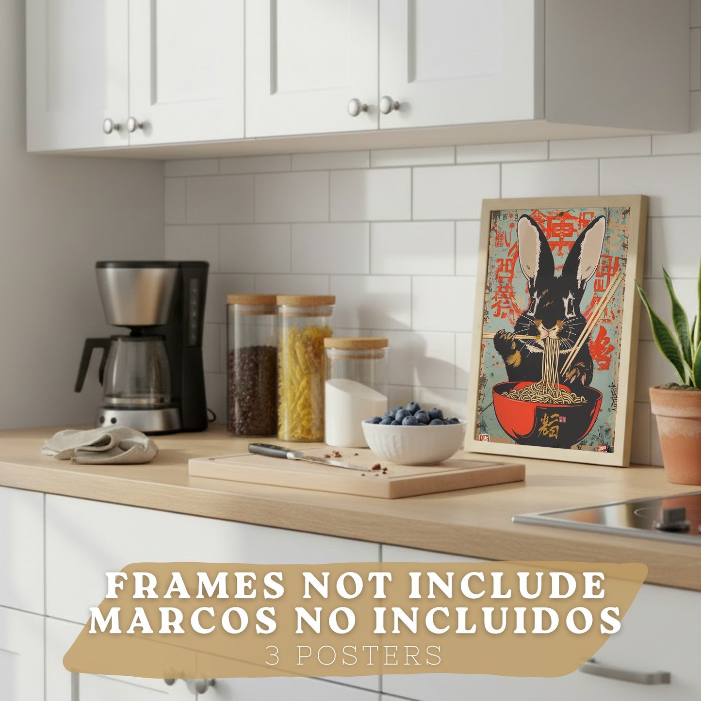 Set de 3 Láminas Animales Ramen Japonés Cuadros Cocina Gato Mapache y Conejo Comiendo Noodles Póster Decoración Pared