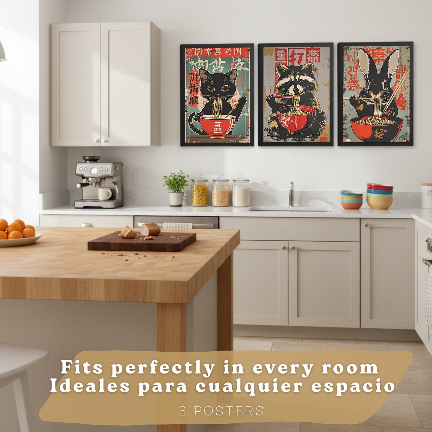 Set de 3 Láminas Animales Ramen Japonés Cuadros Cocina Gato Mapache y Conejo Comiendo Noodles Póster Decoración Pared