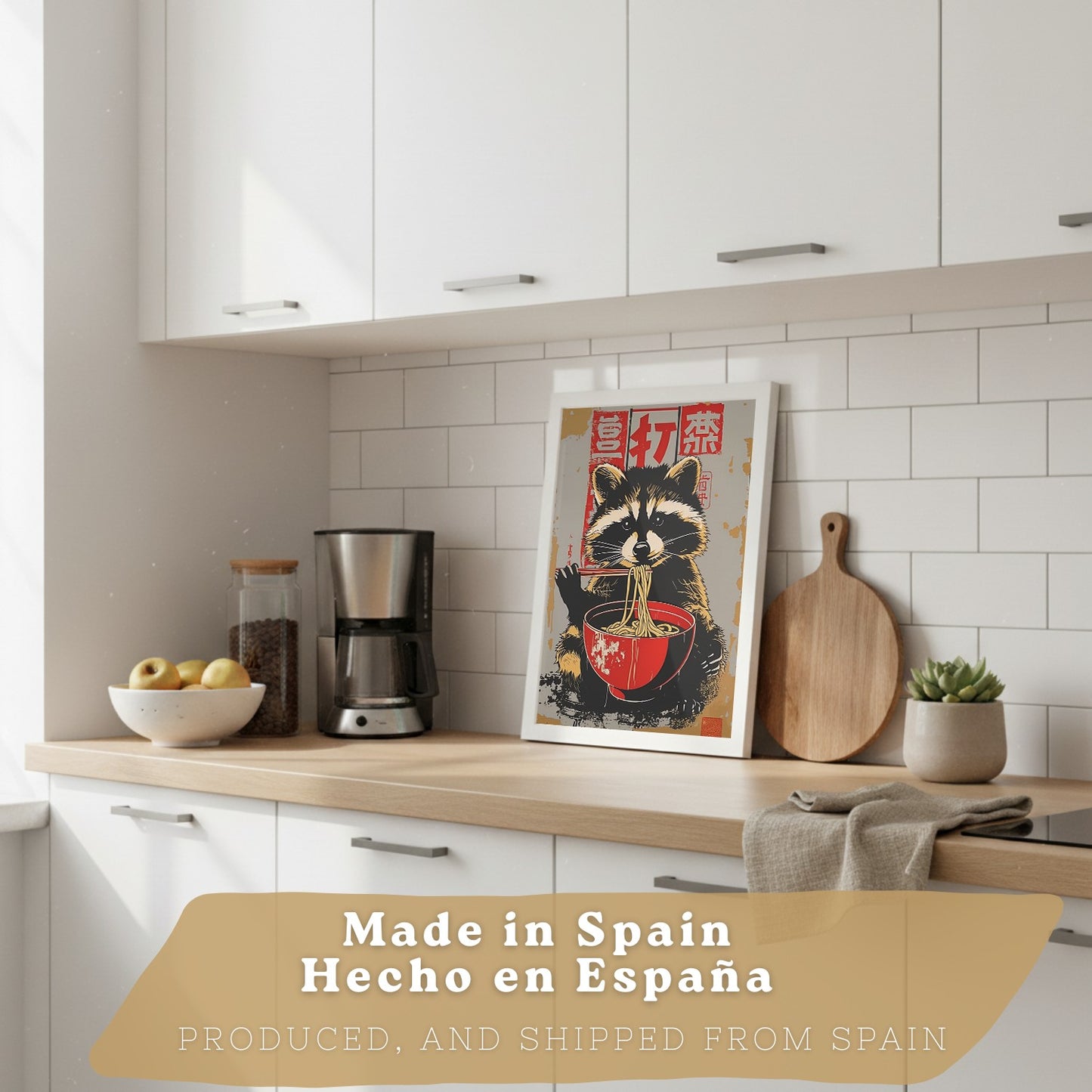 Set de 3 Láminas Animales Ramen Japonés Cuadros Cocina Gato Mapache y Conejo Comiendo Noodles Póster Decoración Pared