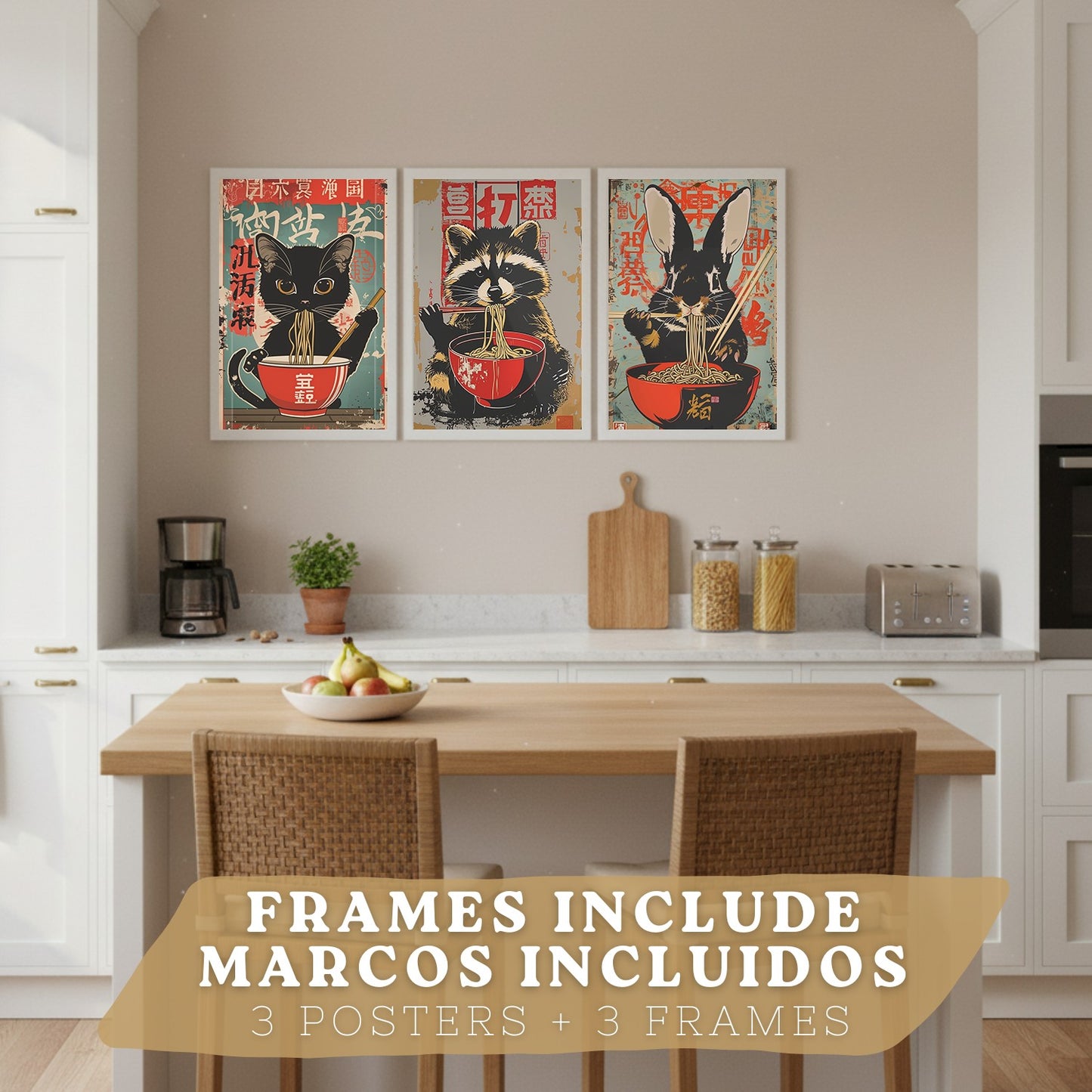 Set de 3 Láminas Animales Ramen Japonés Cuadros Cocina Gato Mapache y Conejo Comiendo Noodles Póster Decoración Pared