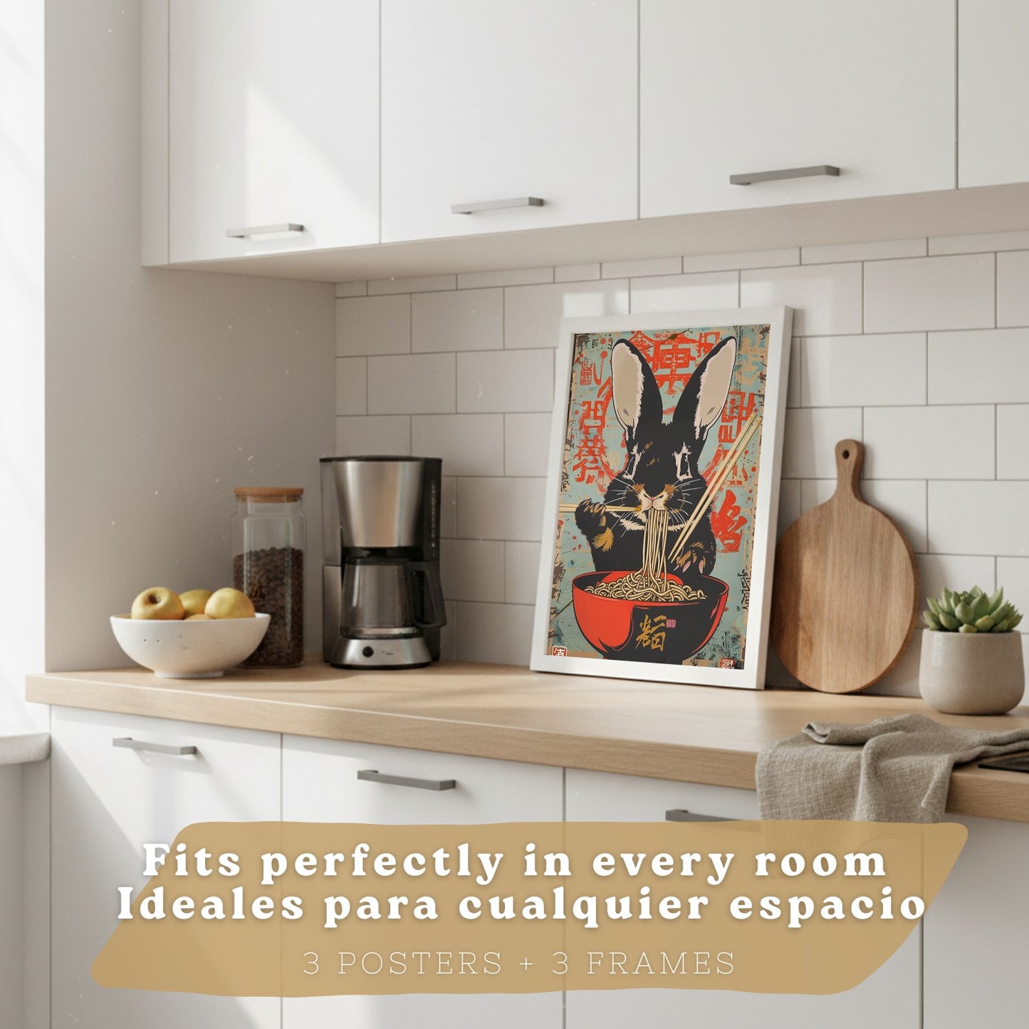 Set de 3 Láminas Animales Ramen Japonés Cuadros Cocina Gato Mapache y Conejo Comiendo Noodles Póster Decoración Pared