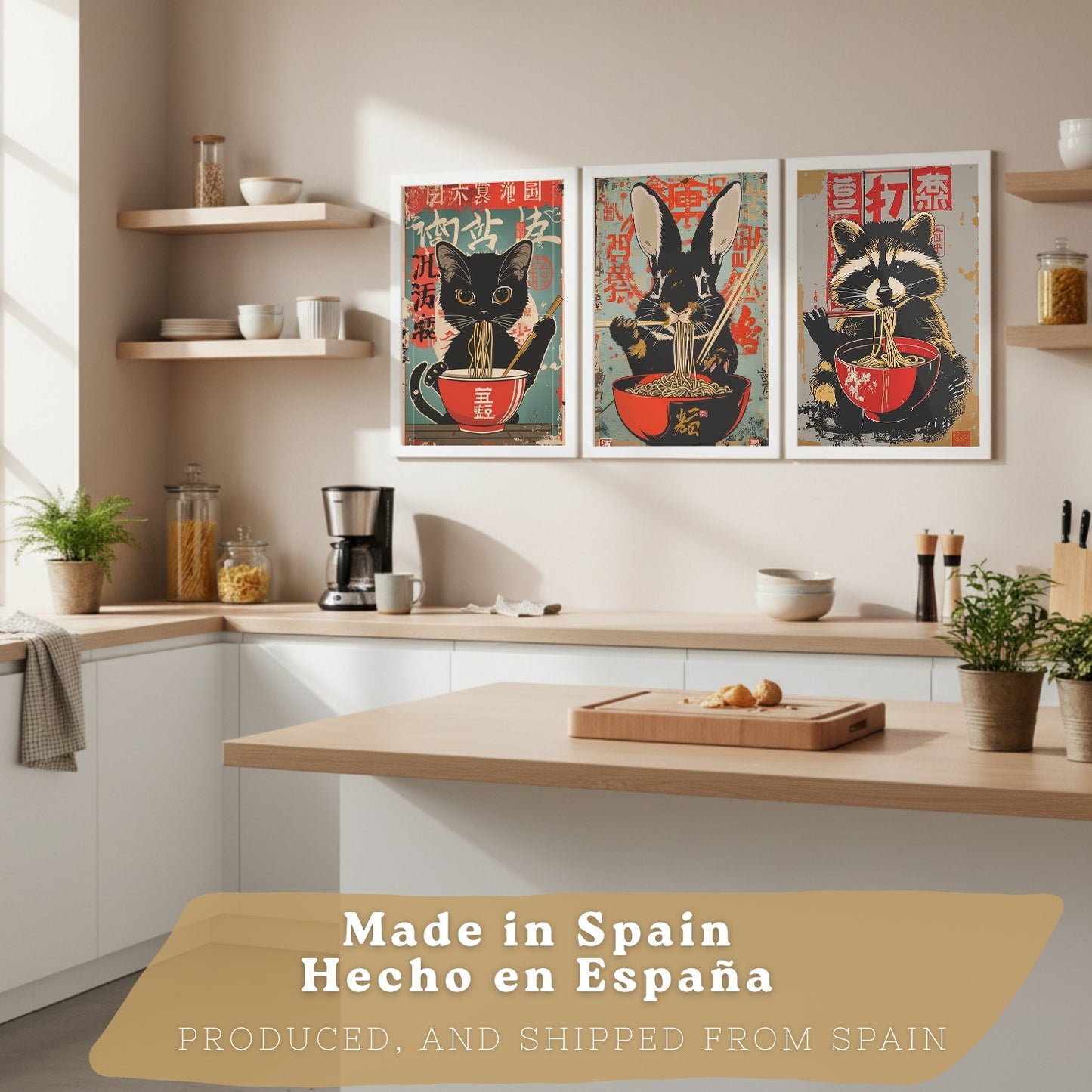 Set de 3 Láminas Animales Ramen Japonés Cuadros Cocina Gato Mapache y Conejo Comiendo Noodles Póster Decoración Pared