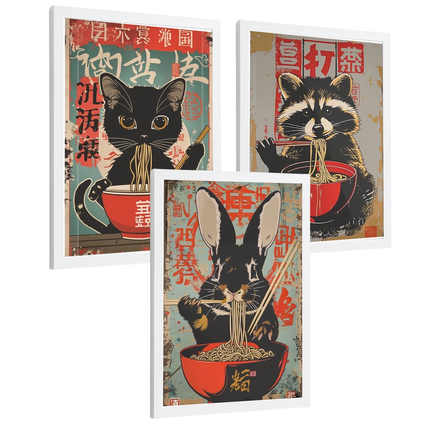 Set de 3 Láminas Animales Ramen Japonés Cuadros Cocina Gato Mapache y Conejo Comiendo Noodles Póster Decoración Pared