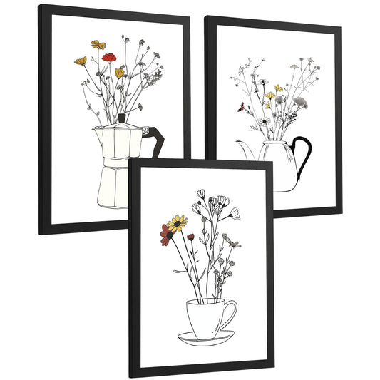 Set de 3 Láminas Flores en Cafetera y Tazas Line Art Cuadros Cocina Minimalista Botánico Póster Decoración Pared