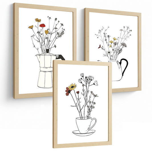Set de 3 Láminas Flores en Cafetera y Tazas Line Art Cuadros Cocina Minimalista Botánico Póster Decoración Pared
