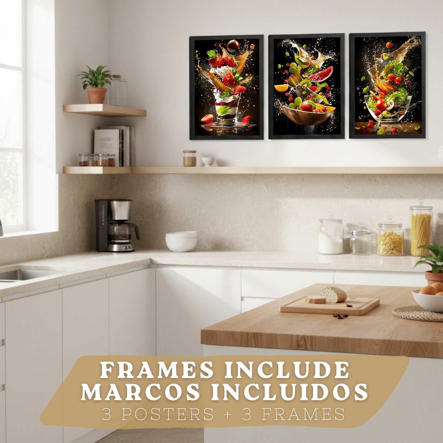 Set de 3 Láminas Cocina Fondo Negro Cuadros Pared Postre Ensalada y Frutas Estilo Splash Dinámico Póster Decoración Comedor