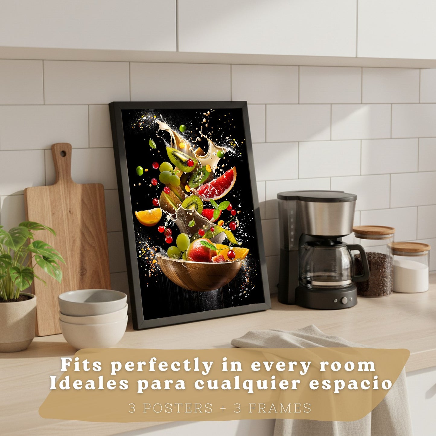 Set de 3 Láminas Cocina Fondo Negro Cuadros Pared Postre Ensalada y Frutas Estilo Splash Dinámico Póster Decoración Comedor