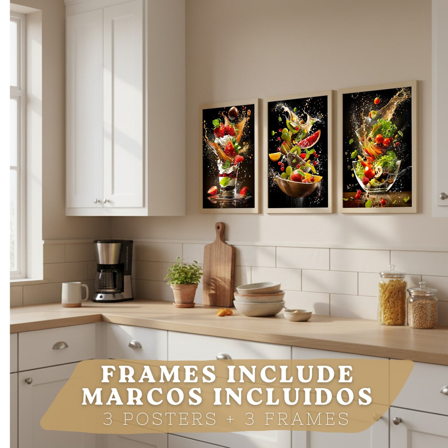 Set de 3 Láminas Cocina Fondo Negro Cuadros Pared Postre Ensalada y Frutas Estilo Splash Dinámico Póster Decoración Comedor