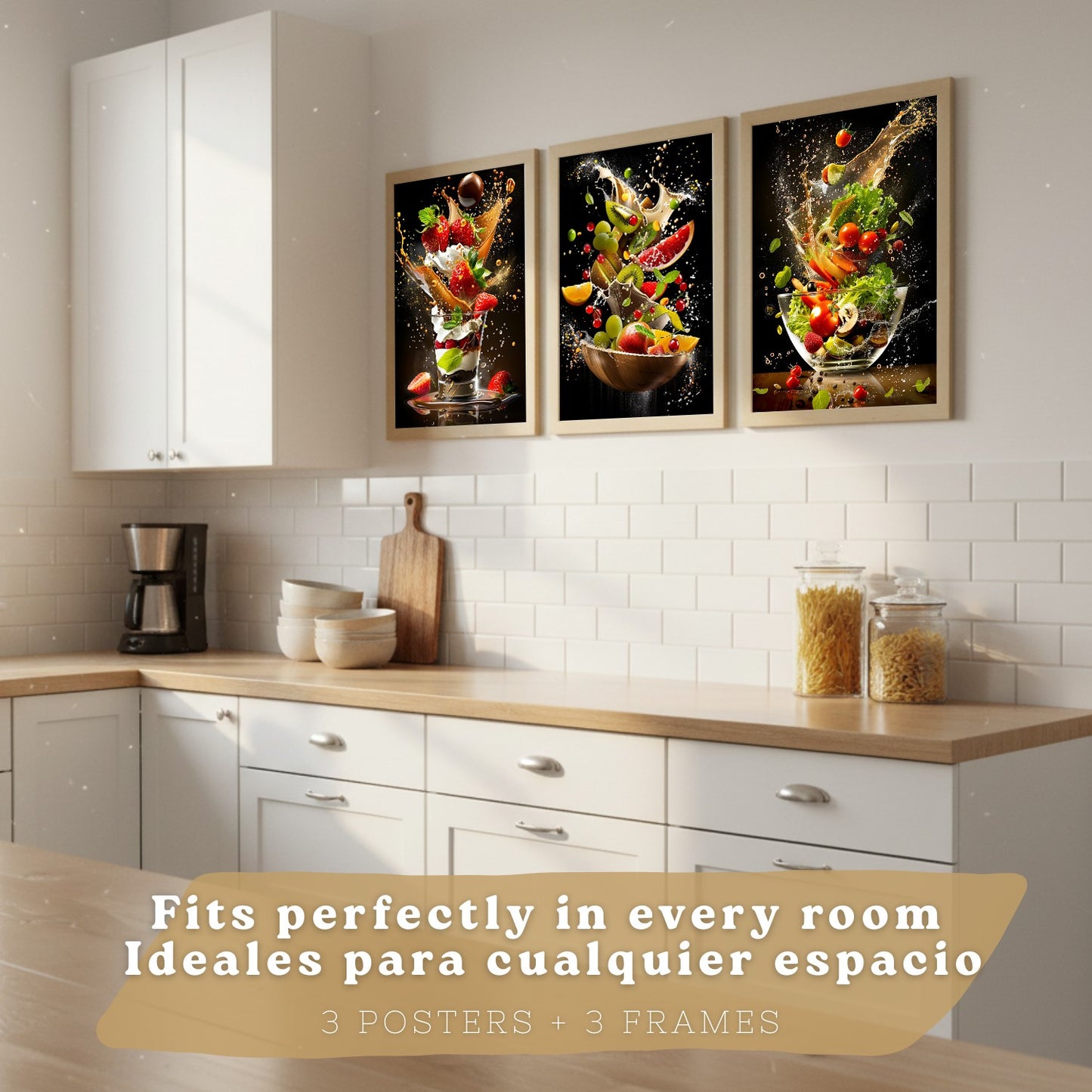 Set de 3 Láminas Cocina Fondo Negro Cuadros Pared Postre Ensalada y Frutas Estilo Splash Dinámico Póster Decoración Comedor