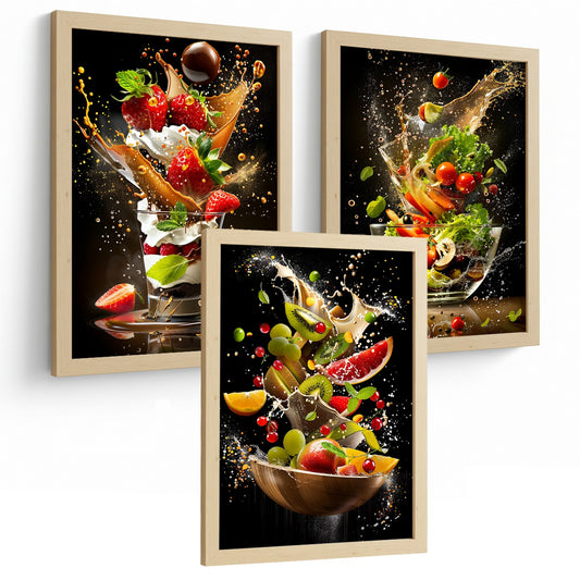 Set de 3 Láminas Cocina Fondo Negro Cuadros Pared Postre Ensalada y Frutas Estilo Splash Dinámico Póster Decoración Comedor