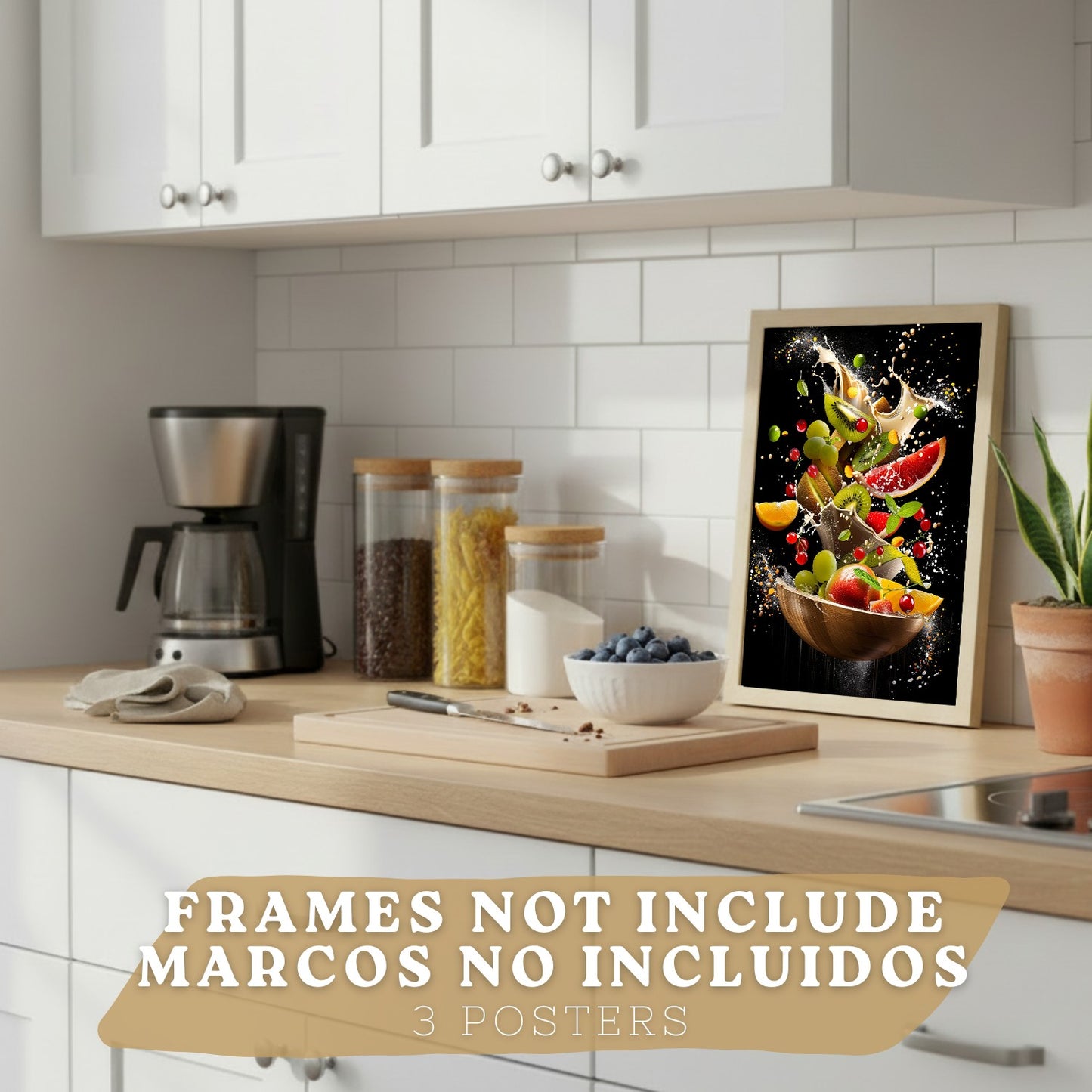 Set de 3 Láminas Cocina Fondo Negro Cuadros Pared Postre Ensalada y Frutas Estilo Splash Dinámico Póster Decoración Comedor