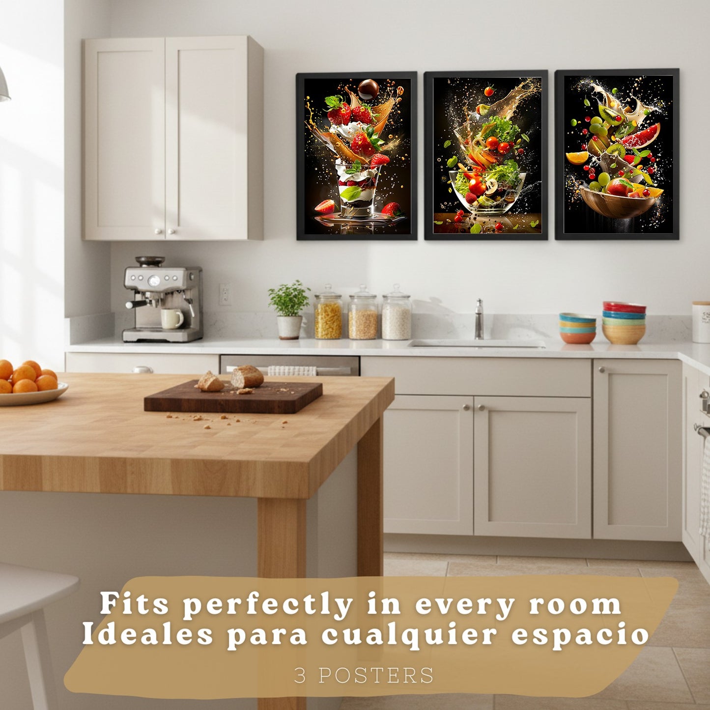 Set de 3 Láminas Cocina Fondo Negro Cuadros Pared Postre Ensalada y Frutas Estilo Splash Dinámico Póster Decoración Comedor