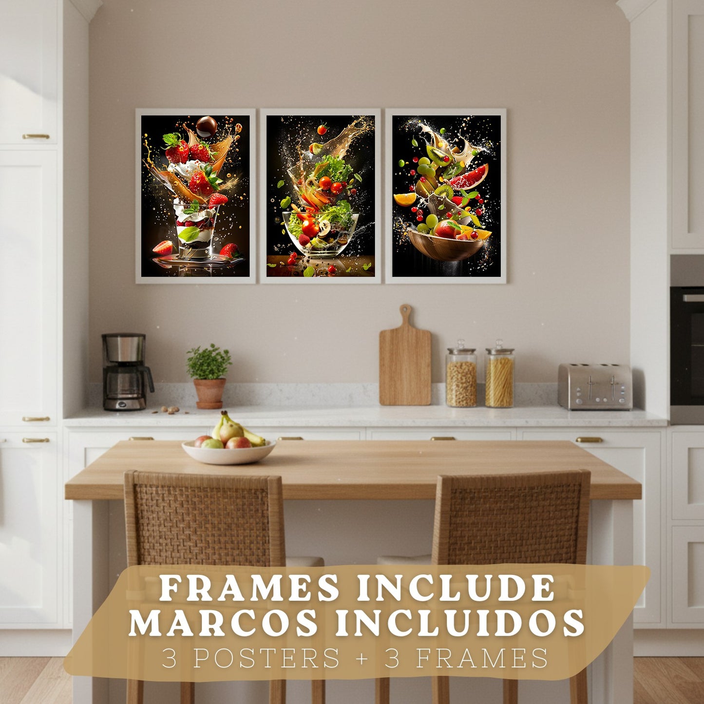 Set de 3 Láminas Cocina Fondo Negro Cuadros Pared Postre Ensalada y Frutas Estilo Splash Dinámico Póster Decoración Comedor