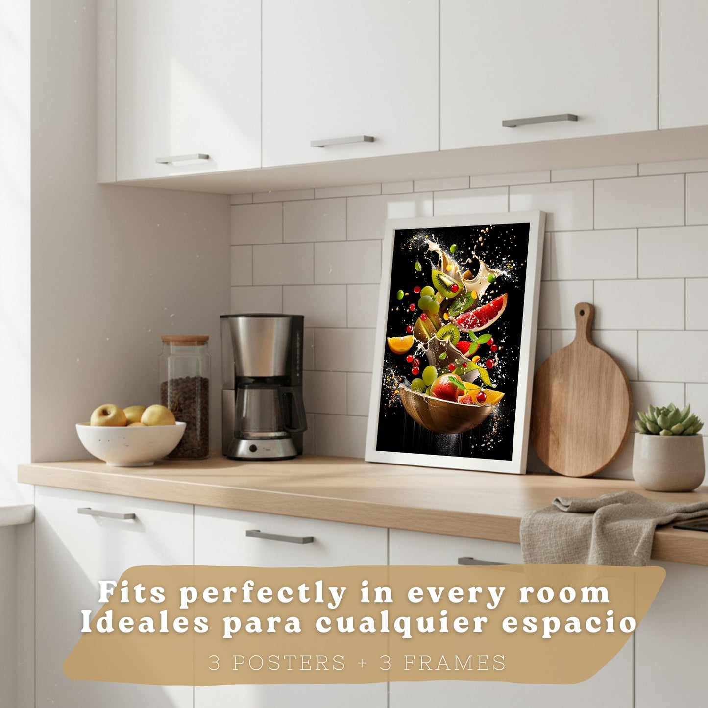 Set de 3 Láminas Cocina Fondo Negro Cuadros Pared Postre Ensalada y Frutas Estilo Splash Dinámico Póster Decoración Comedor