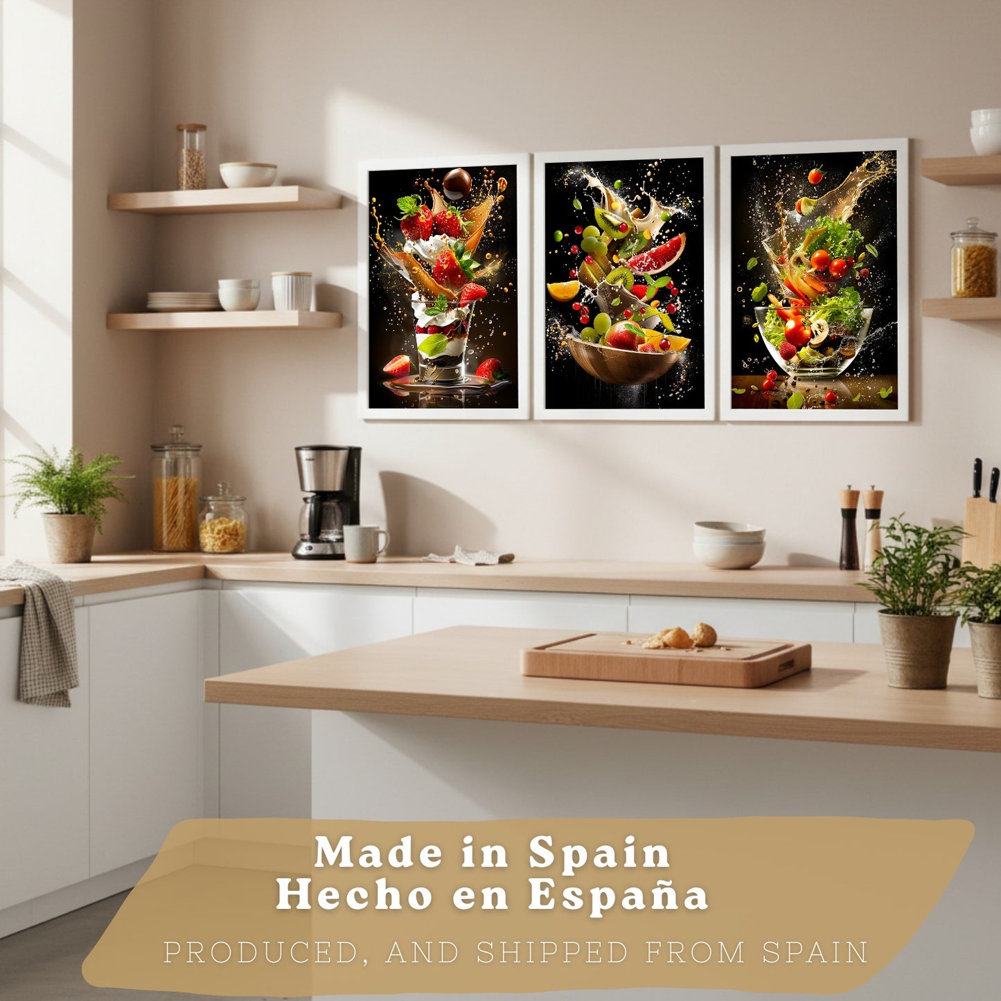 Set de 3 Láminas Cocina Fondo Negro Cuadros Pared Postre Ensalada y Frutas Estilo Splash Dinámico Póster Decoración Comedor