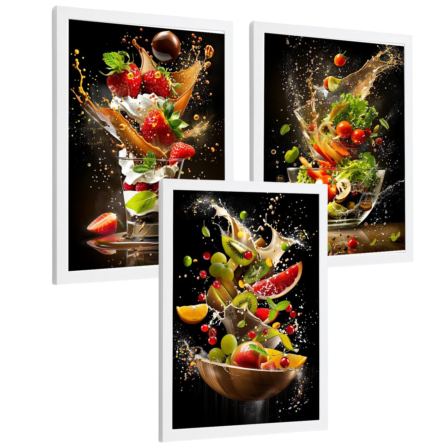 Set de 3 Láminas Cocina Fondo Negro Cuadros Pared Postre Ensalada y Frutas Estilo Splash Dinámico Póster Decoración Comedor