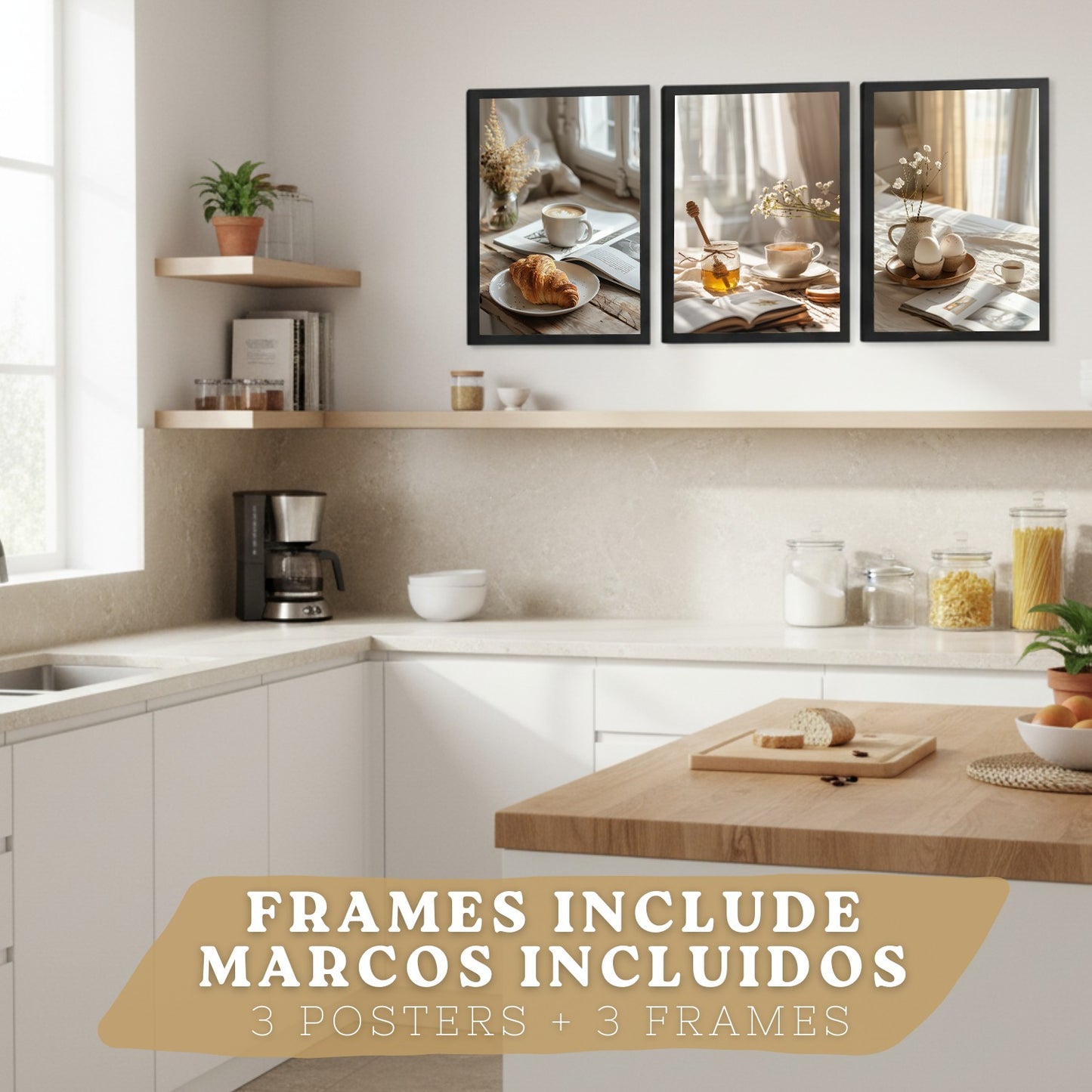 Set de 3 Láminas Café y Desayuno Acogedor Cuadros Cocina Croissant Miel y Té Estilo Nórdico Póster Decoración Pared