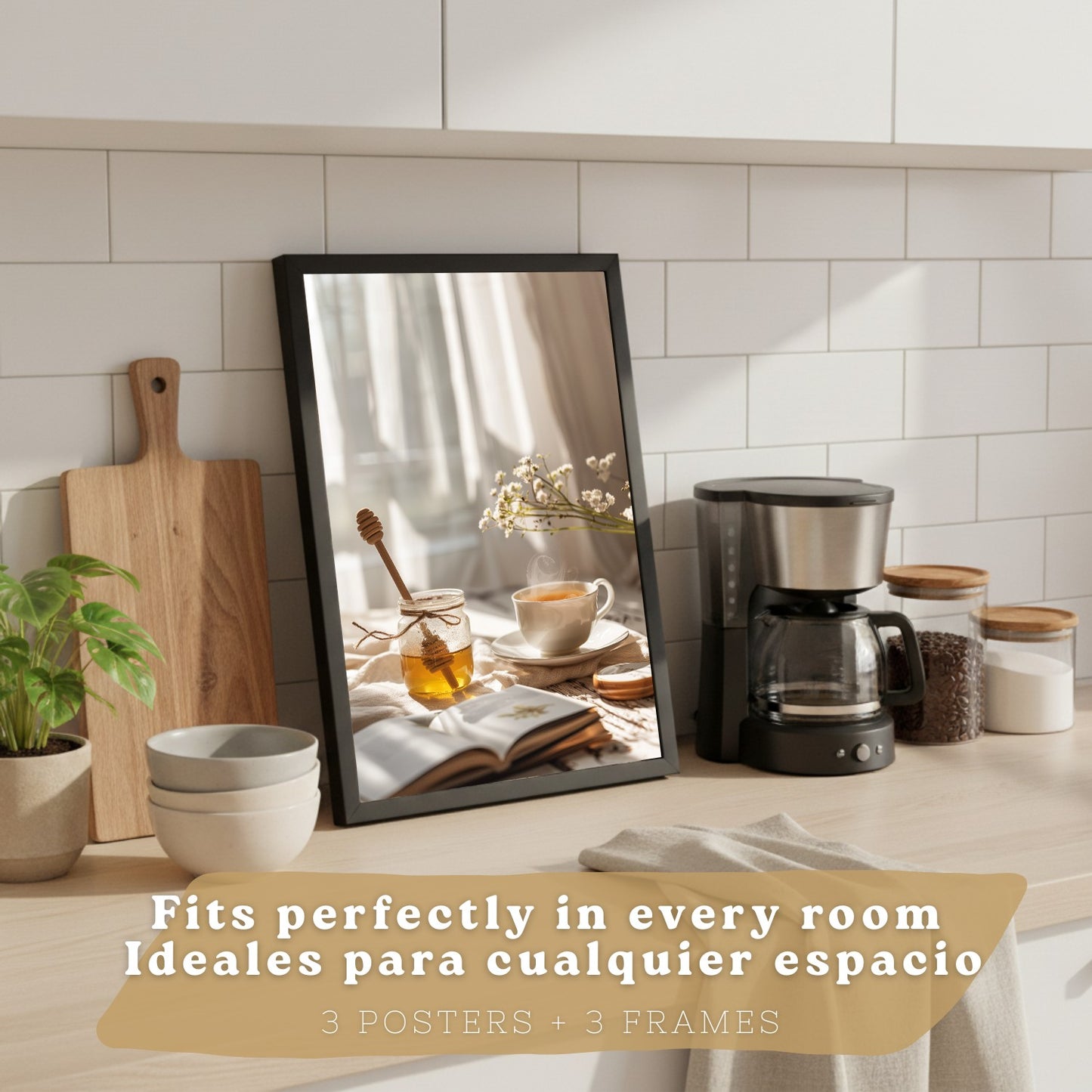 Set de 3 Láminas Café y Desayuno Acogedor Cuadros Cocina Croissant Miel y Té Estilo Nórdico Póster Decoración Pared