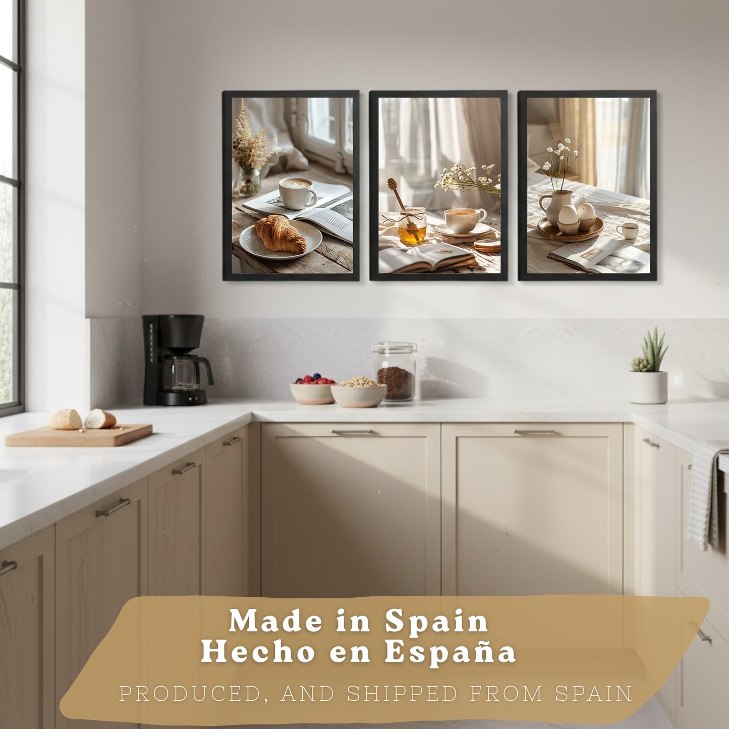 Set de 3 Láminas Café y Desayuno Acogedor Cuadros Cocina Croissant Miel y Té Estilo Nórdico Póster Decoración Pared