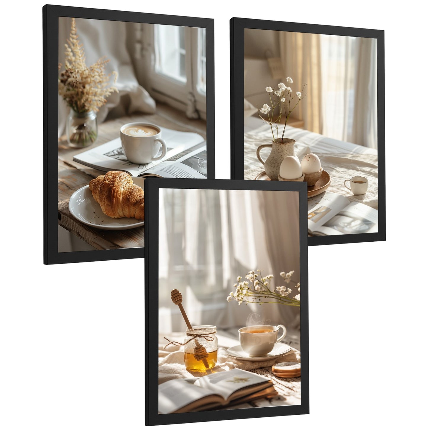 Set de 3 Láminas Café y Desayuno Acogedor Cuadros Cocina Croissant Miel y Té Estilo Nórdico Póster Decoración Pared
