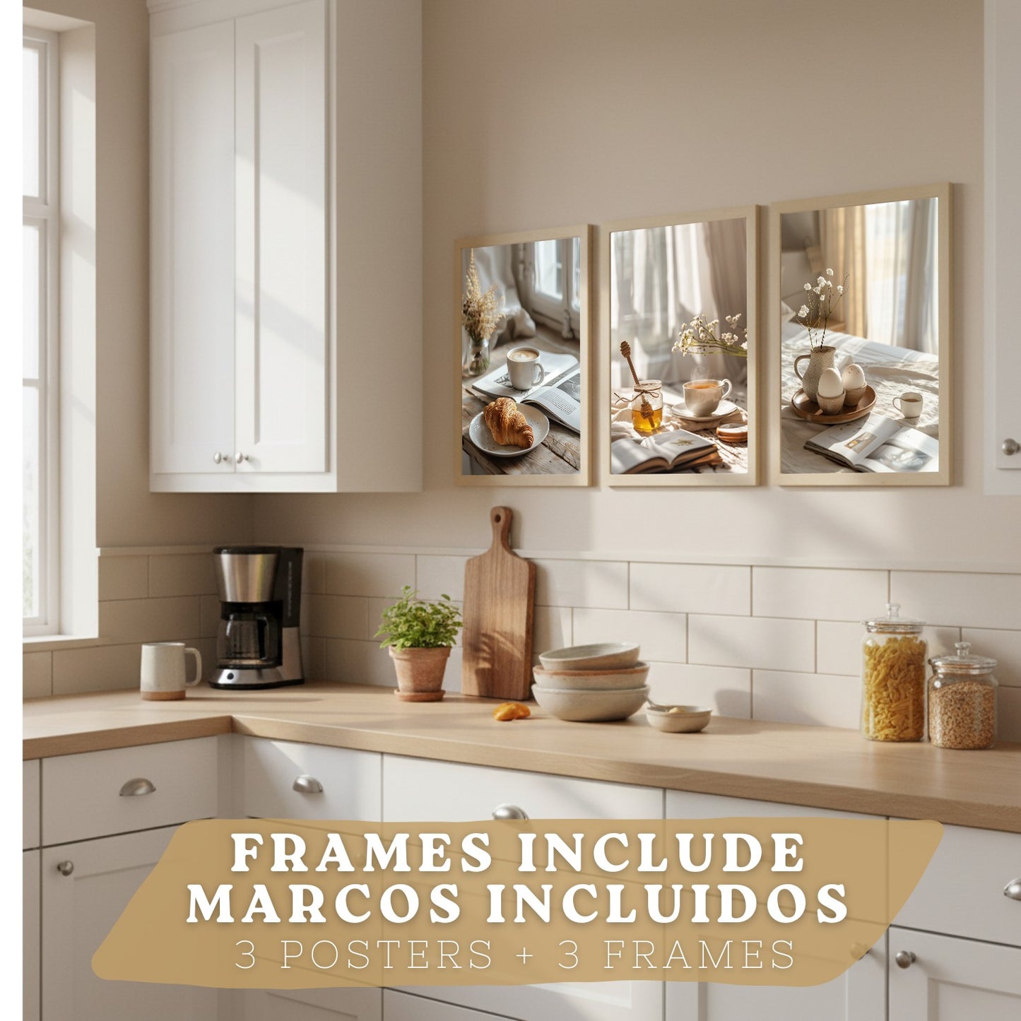 Set de 3 Láminas Café y Desayuno Acogedor Cuadros Cocina Croissant Miel y Té Estilo Nórdico Póster Decoración Pared