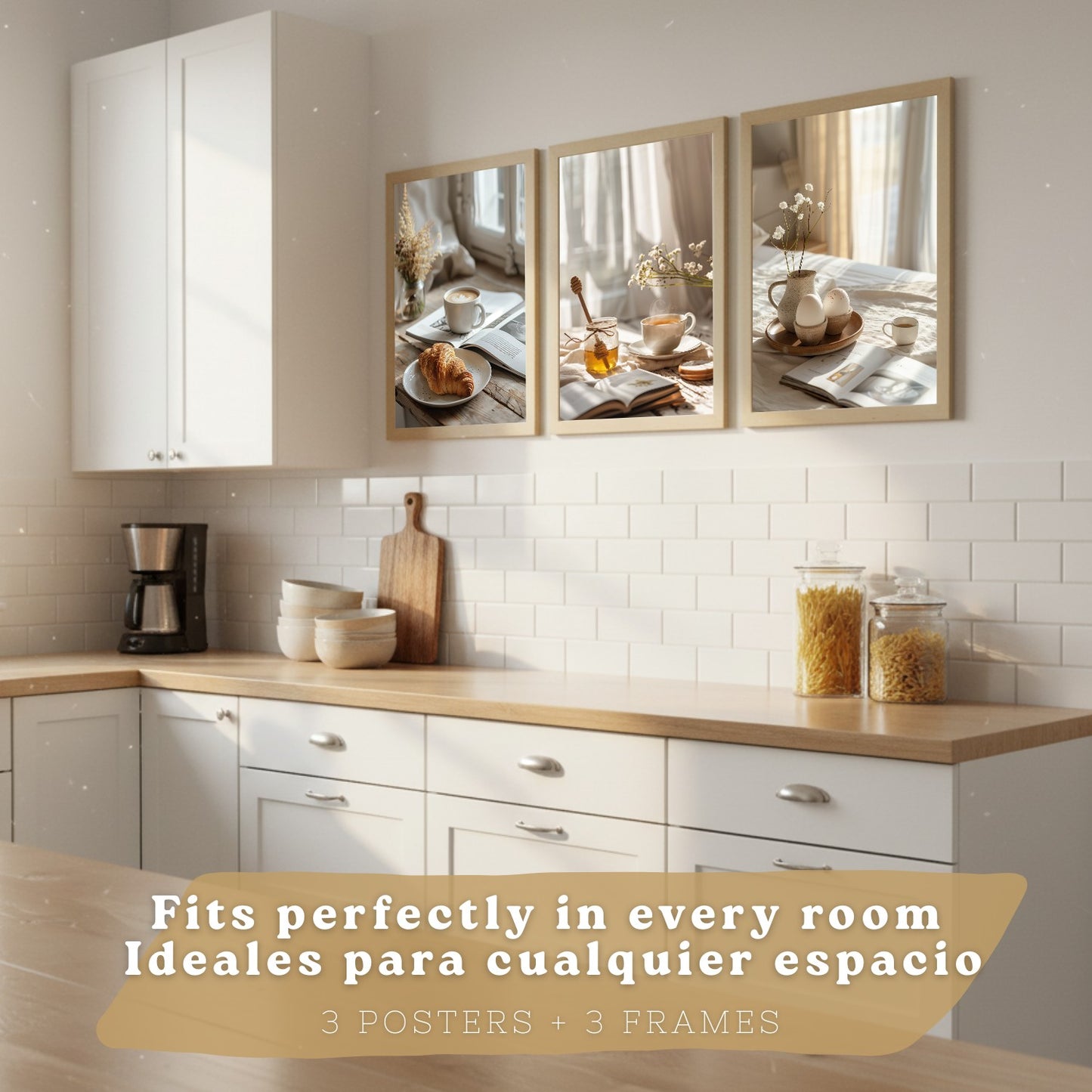 Set de 3 Láminas Café y Desayuno Acogedor Cuadros Cocina Croissant Miel y Té Estilo Nórdico Póster Decoración Pared