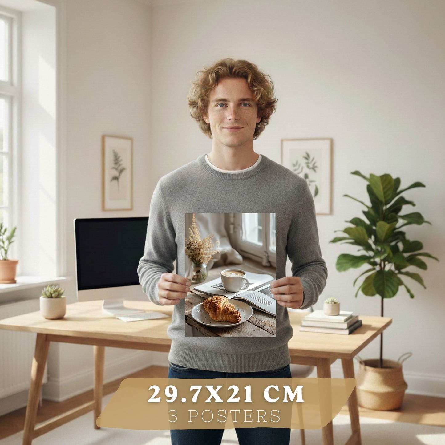 Set de 3 Láminas Café y Desayuno Acogedor Cuadros Cocina Croissant Miel y Té Estilo Nórdico Póster Decoración Pared