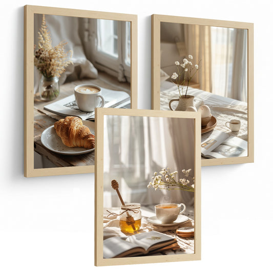 Set de 3 Láminas Café y Desayuno Acogedor Cuadros Cocina Croissant Miel y Té Estilo Nórdico Póster Decoración Pared