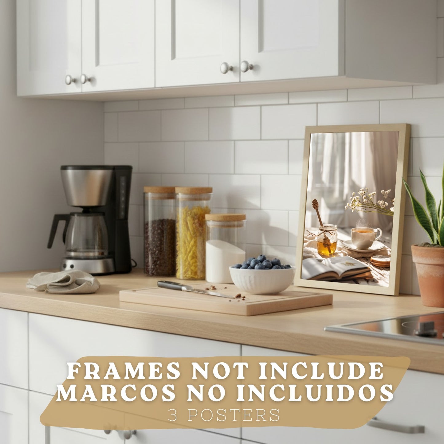 Set de 3 Láminas Café y Desayuno Acogedor Cuadros Cocina Croissant Miel y Té Estilo Nórdico Póster Decoración Pared