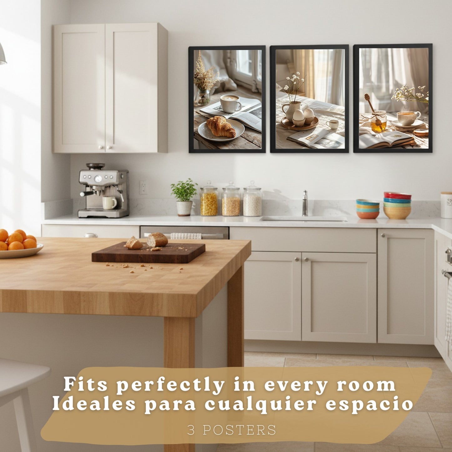 Set de 3 Láminas Café y Desayuno Acogedor Cuadros Cocina Croissant Miel y Té Estilo Nórdico Póster Decoración Pared