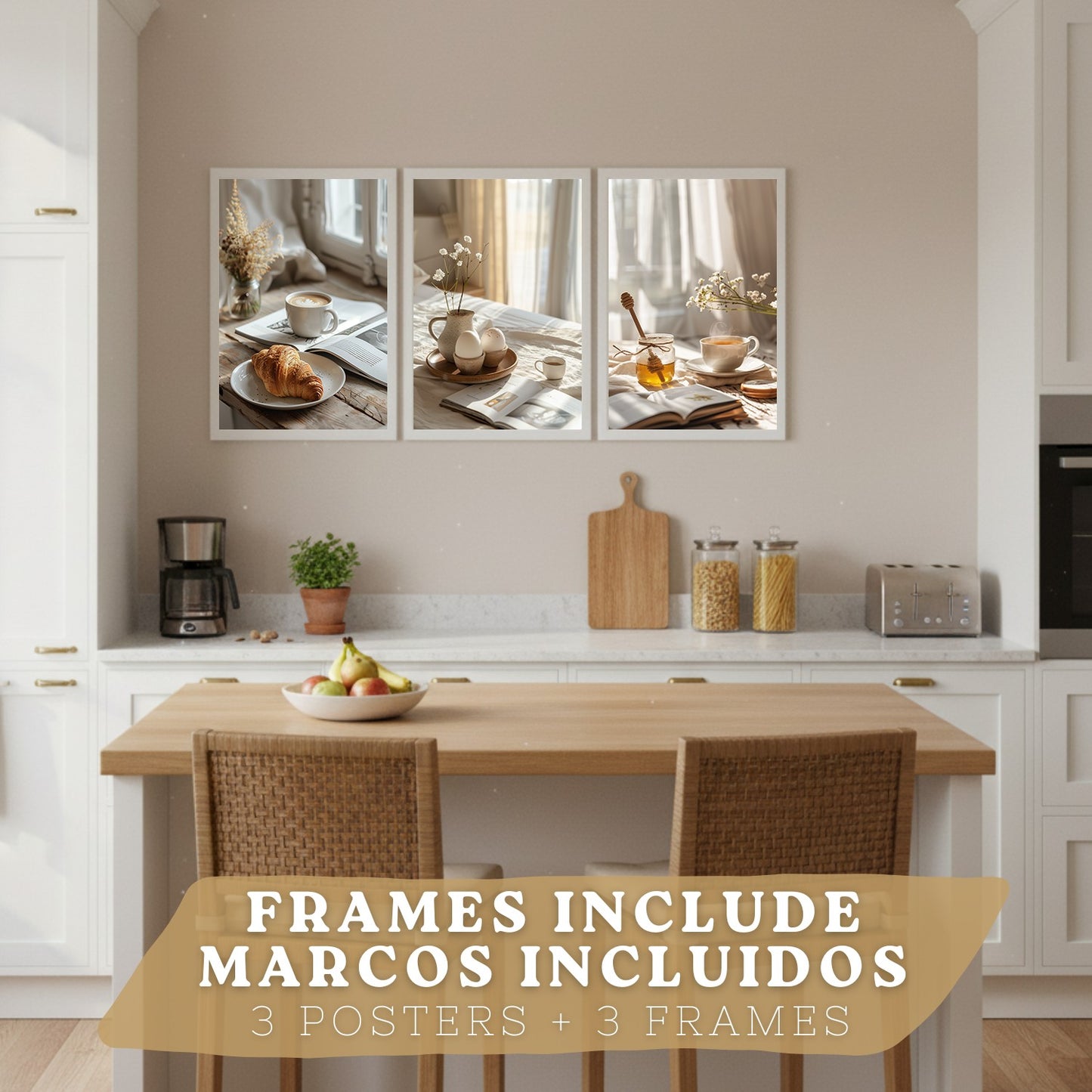 Set de 3 Láminas Café y Desayuno Acogedor Cuadros Cocina Croissant Miel y Té Estilo Nórdico Póster Decoración Pared