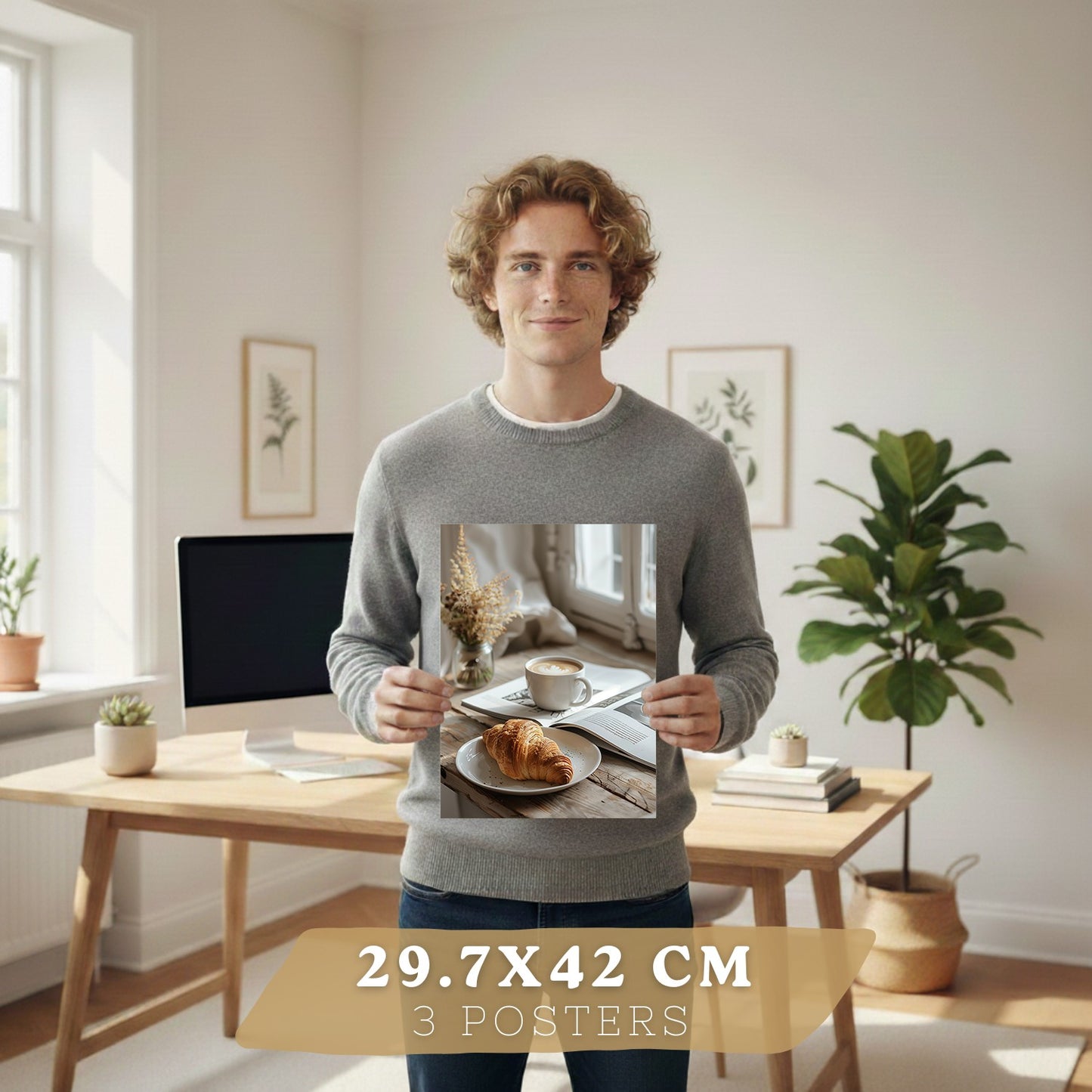 Set de 3 Láminas Café y Desayuno Acogedor Cuadros Cocina Croissant Miel y Té Estilo Nórdico Póster Decoración Pared