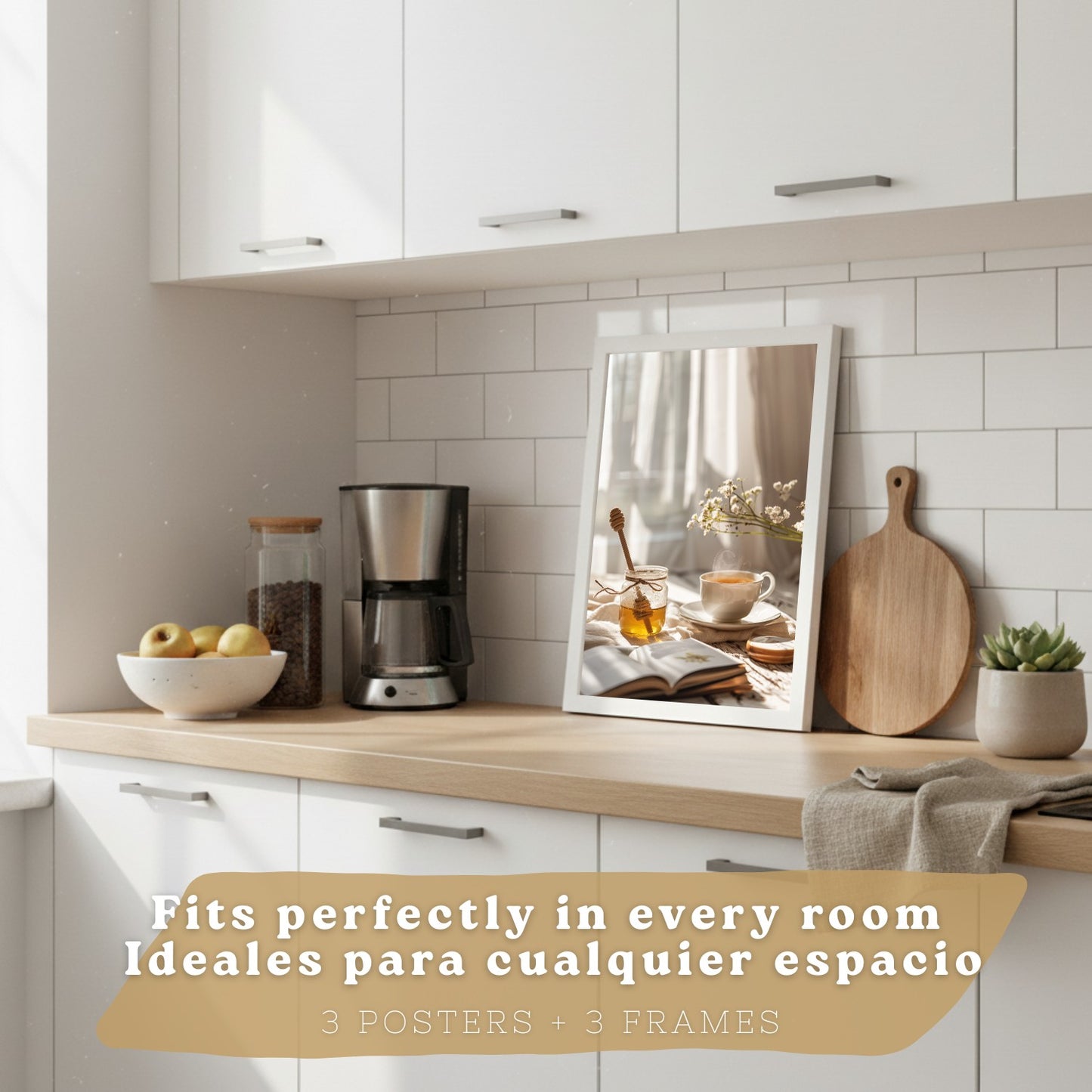 Set de 3 Láminas Café y Desayuno Acogedor Cuadros Cocina Croissant Miel y Té Estilo Nórdico Póster Decoración Pared