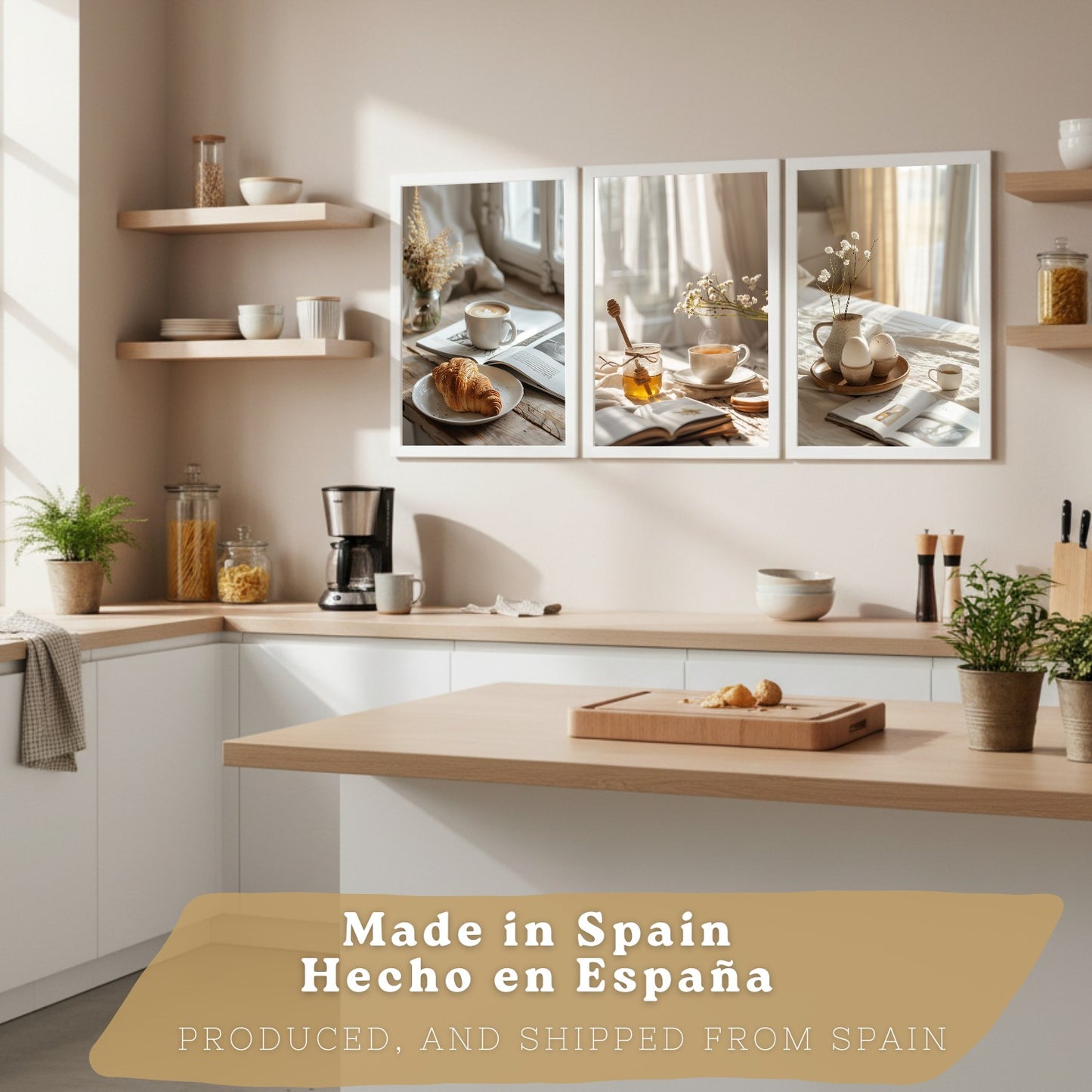 Set de 3 Láminas Café y Desayuno Acogedor Cuadros Cocina Croissant Miel y Té Estilo Nórdico Póster Decoración Pared