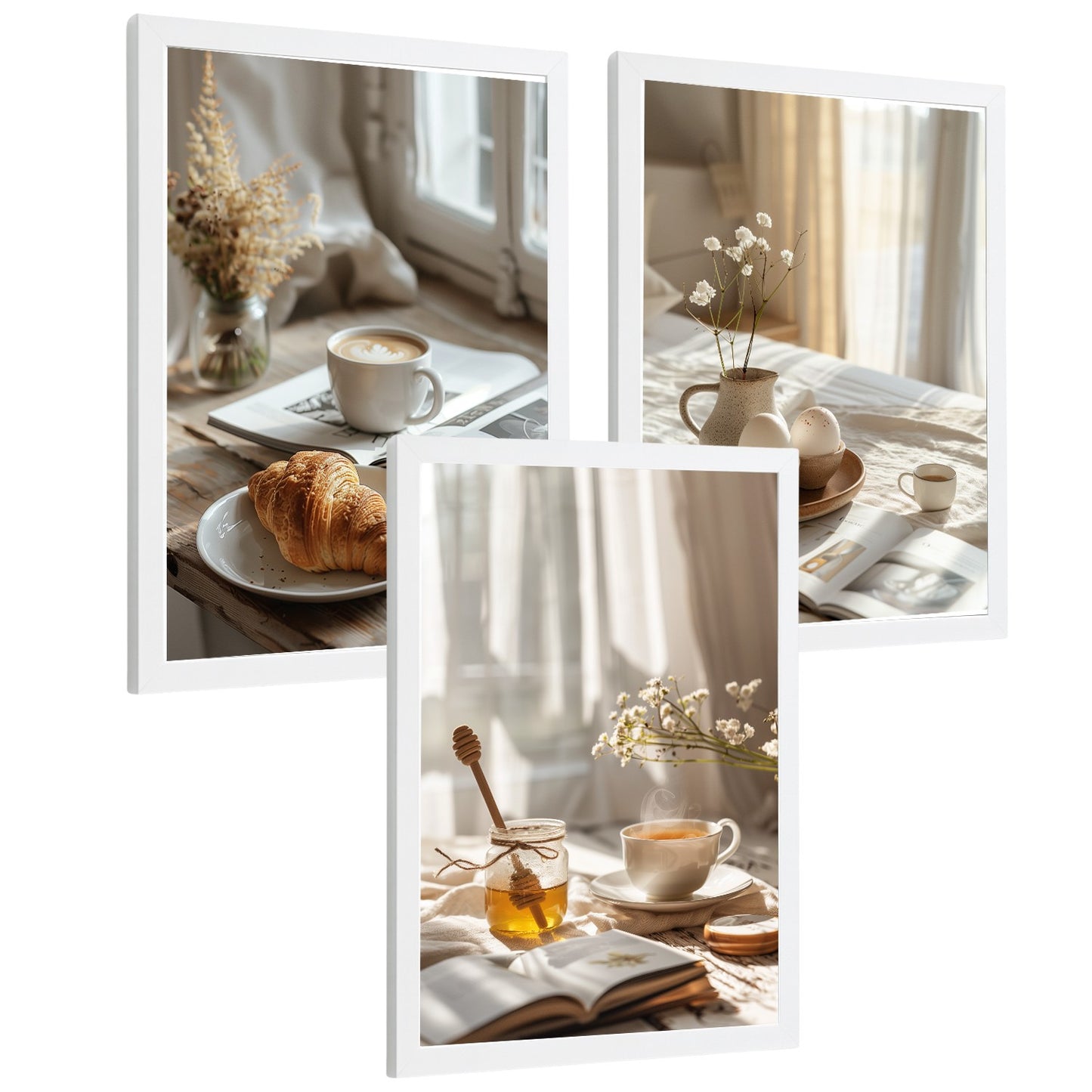 Set de 3 Láminas Café y Desayuno Acogedor Cuadros Cocina Croissant Miel y Té Estilo Nórdico Póster Decoración Pared