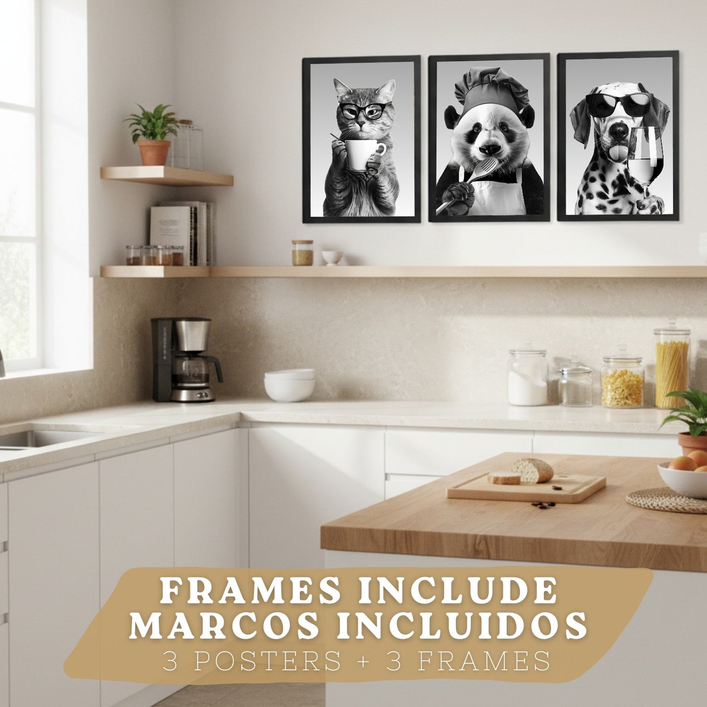 Set de 3 Láminas Animales Divertidos Blanco y Negro Cuadros Cocina Gato Dálmata y Panda Chef Póster Decoración Pared