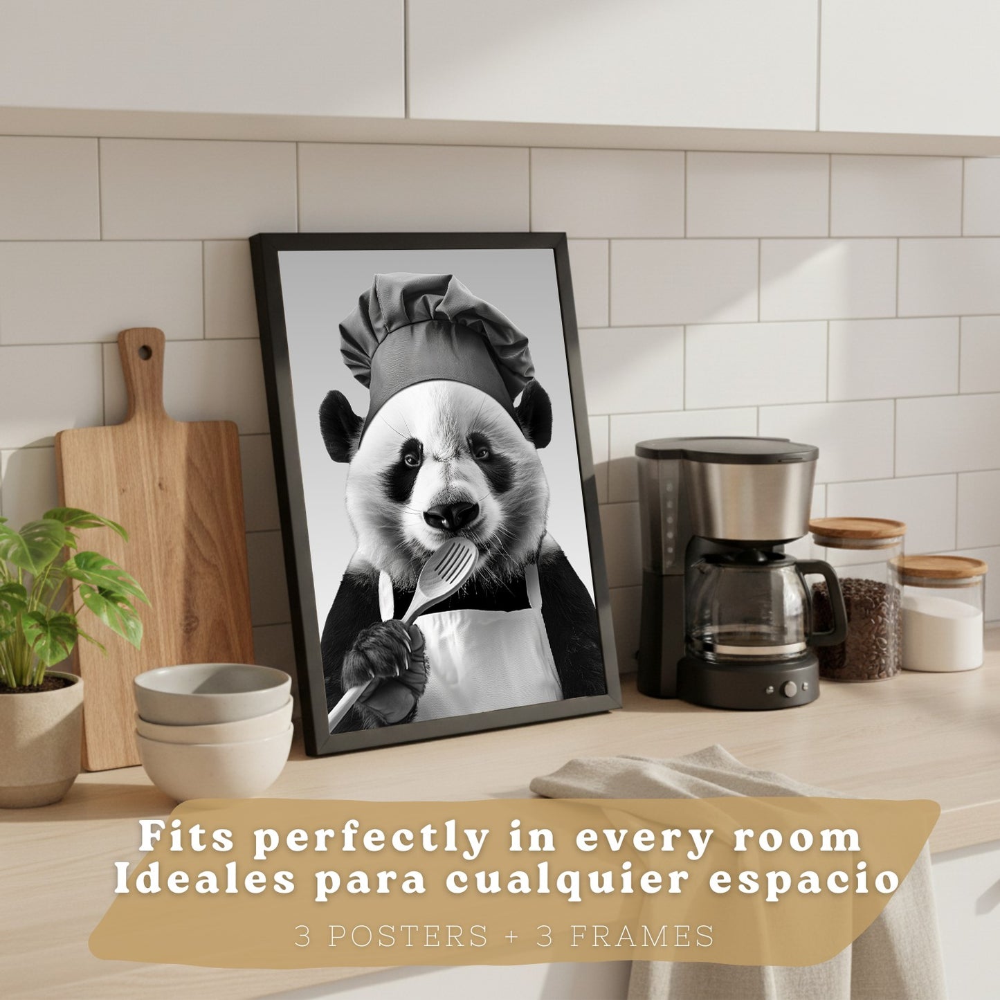 Set de 3 Láminas Animales Divertidos Blanco y Negro Cuadros Cocina Gato Dálmata y Panda Chef Póster Decoración Pared