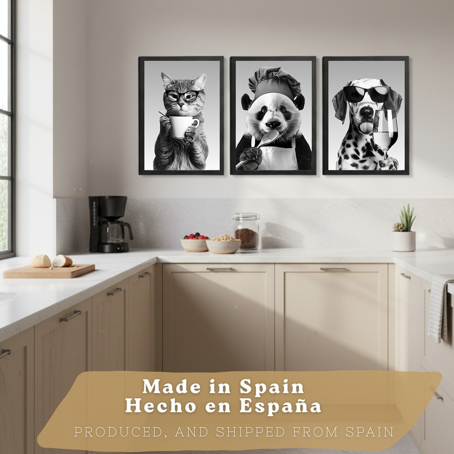Set de 3 Láminas Animales Divertidos Blanco y Negro Cuadros Cocina Gato Dálmata y Panda Chef Póster Decoración Pared