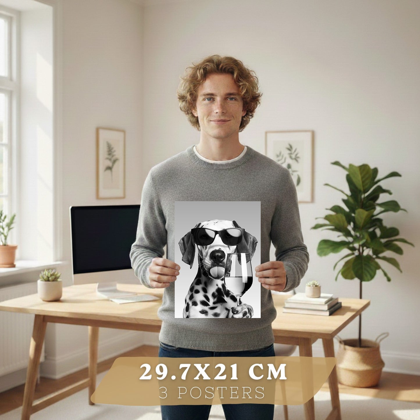 Set de 3 Láminas Animales Divertidos Blanco y Negro Cuadros Cocina Gato Dálmata y Panda Chef Póster Decoración Pared