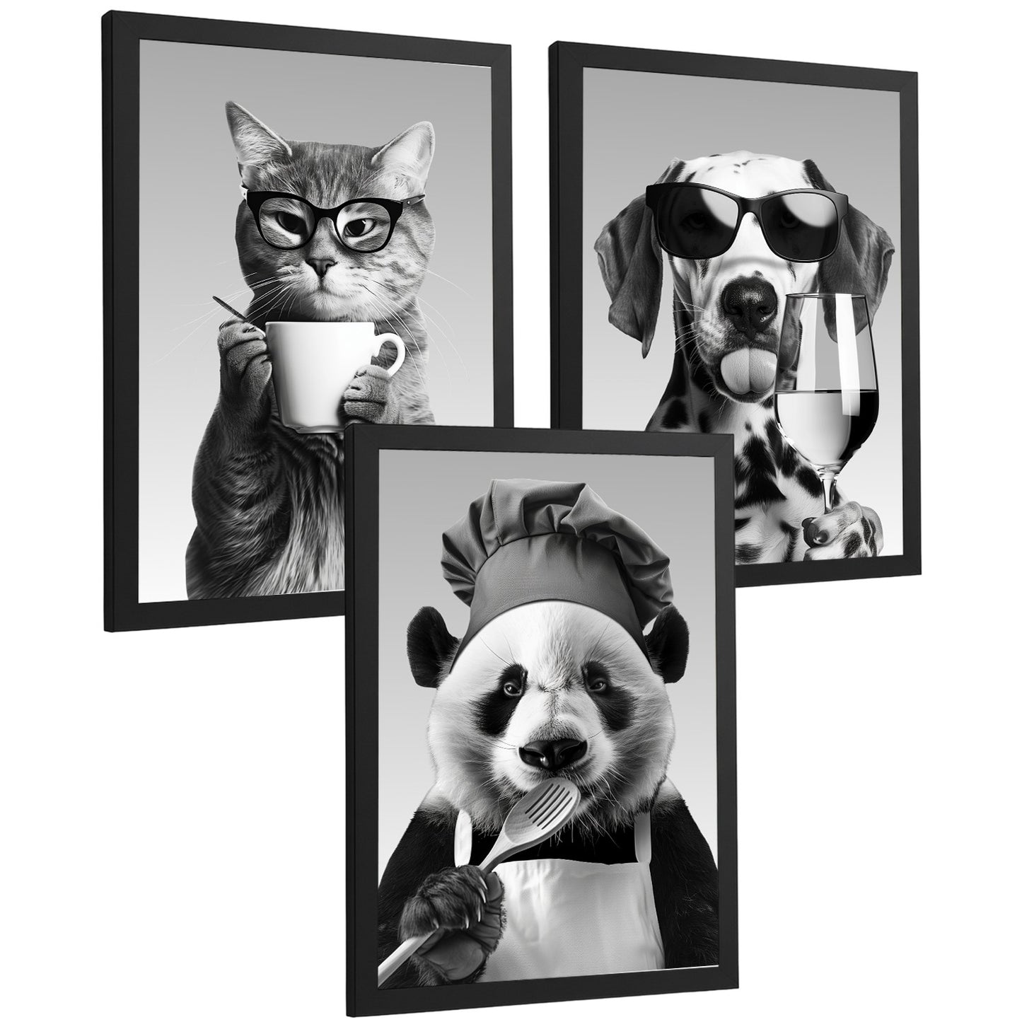 Set de 3 Láminas Animales Divertidos Blanco y Negro Cuadros Cocina Gato Dálmata y Panda Chef Póster Decoración Pared