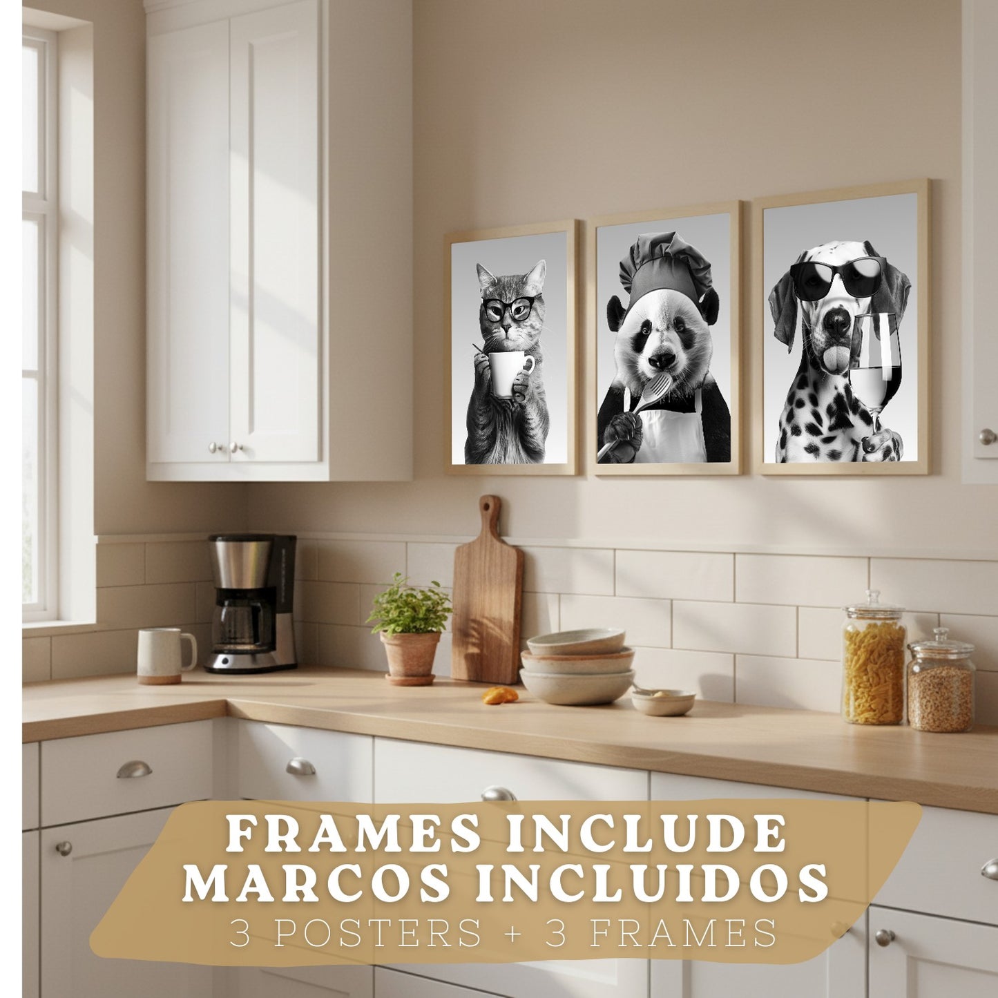 Set de 3 Láminas Animales Divertidos Blanco y Negro Cuadros Cocina Gato Dálmata y Panda Chef Póster Decoración Pared