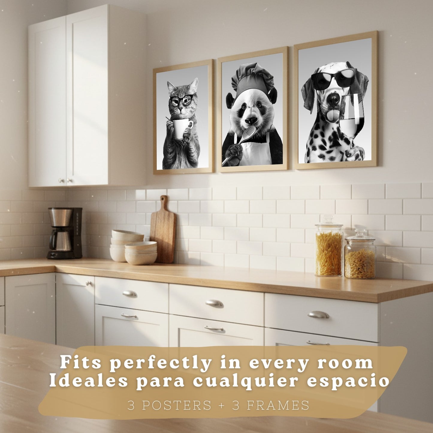 Set de 3 Láminas Animales Divertidos Blanco y Negro Cuadros Cocina Gato Dálmata y Panda Chef Póster Decoración Pared