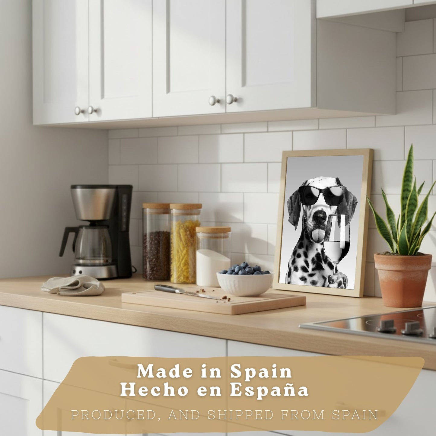 Set de 3 Láminas Animales Divertidos Blanco y Negro Cuadros Cocina Gato Dálmata y Panda Chef Póster Decoración Pared