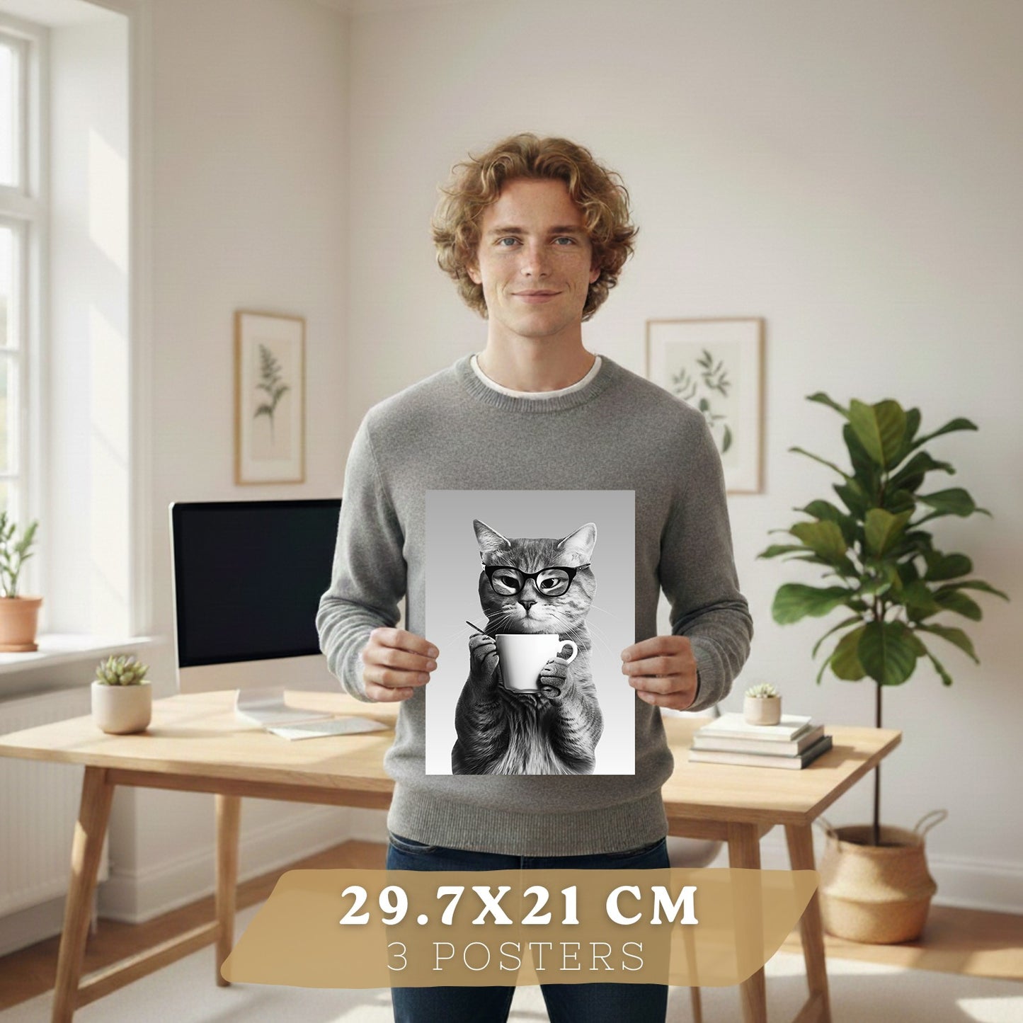 Set de 3 Láminas Animales Divertidos Blanco y Negro Cuadros Cocina Gato Dálmata y Panda Chef Póster Decoración Pared