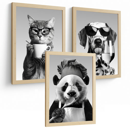 Set de 3 Láminas Animales Divertidos Blanco y Negro Cuadros Cocina Gato Dálmata y Panda Chef Póster Decoración Pared