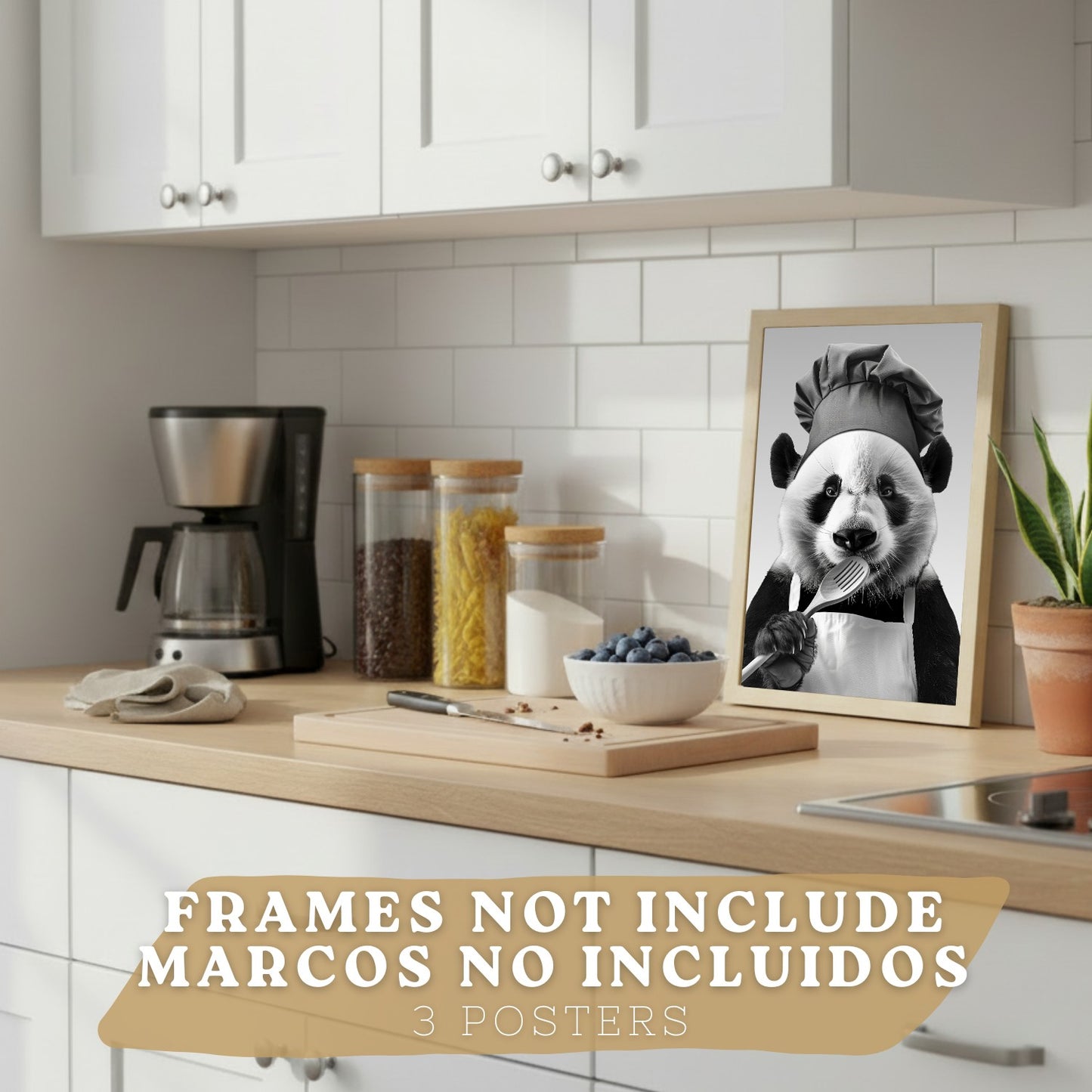 Set de 3 Láminas Animales Divertidos Blanco y Negro Cuadros Cocina Gato Dálmata y Panda Chef Póster Decoración Pared