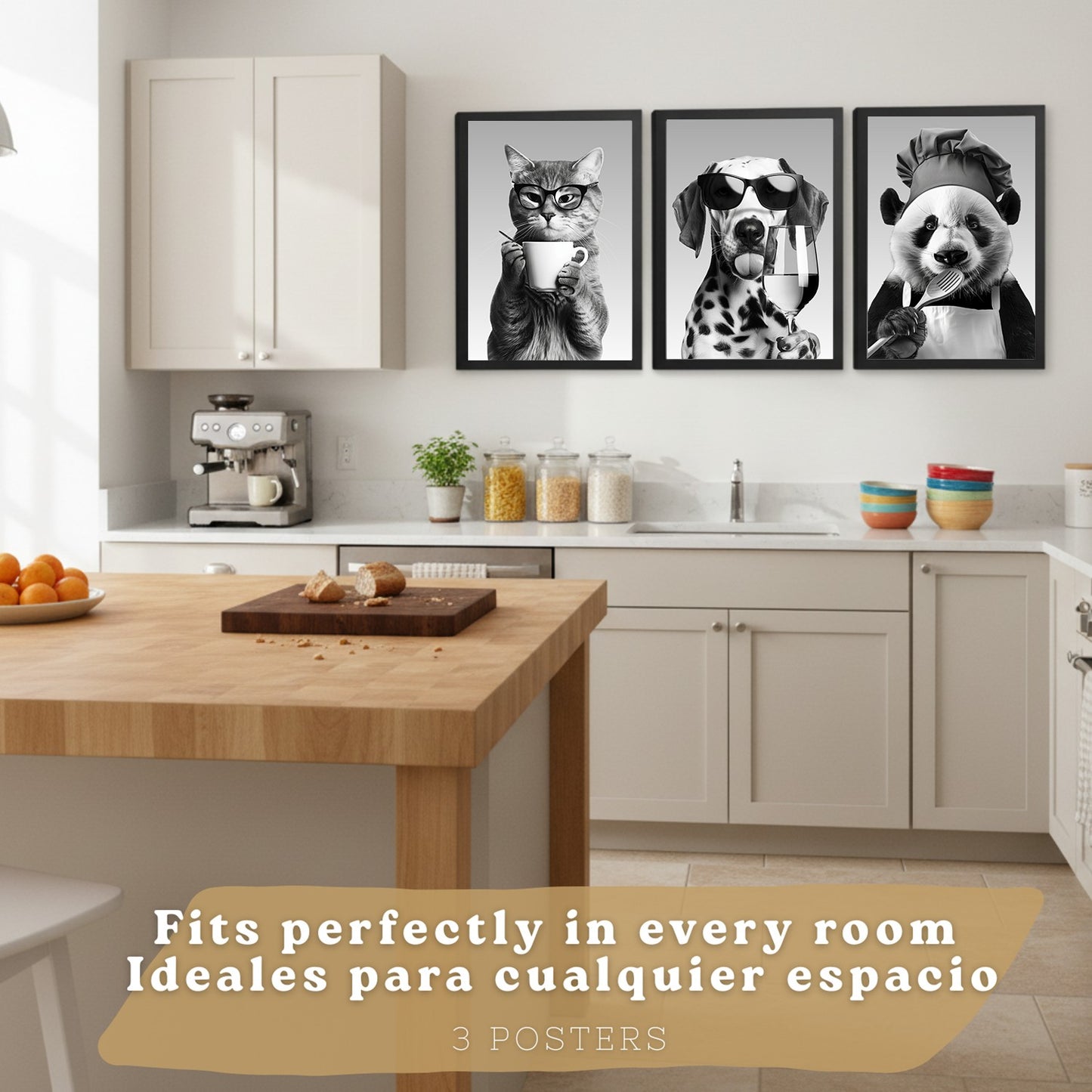 Set de 3 Láminas Animales Divertidos Blanco y Negro Cuadros Cocina Gato Dálmata y Panda Chef Póster Decoración Pared